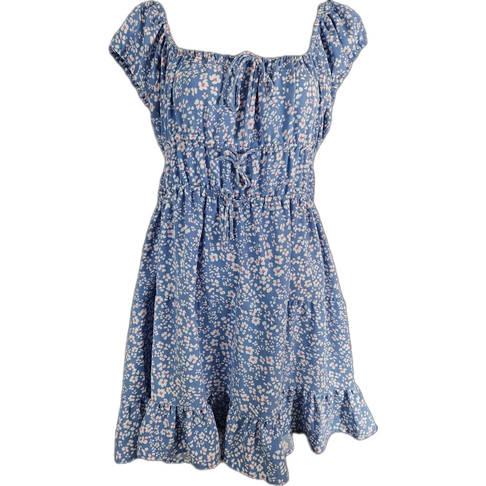 Hurley Milkmaid Dress M Y2K Peasant Fairy Print Babydoll Mini Blue Floral Ruffle